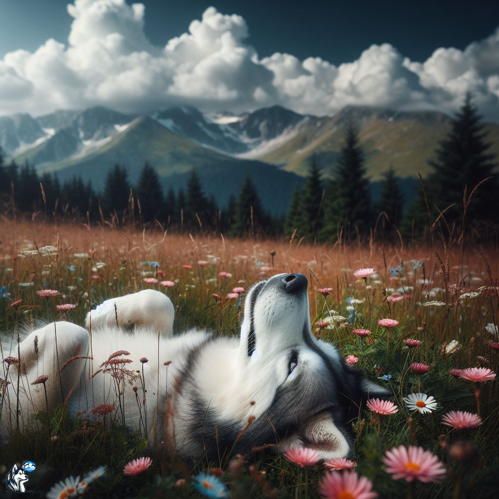 A malamute husky mix daydreaming in a flower-strewn meadow next to a majestic mountain range